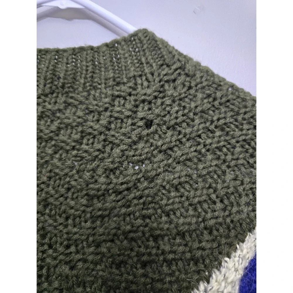 Vintage Novo Hand Knit Wool Blend Sweater Geometric Chunky Olive Blue Large